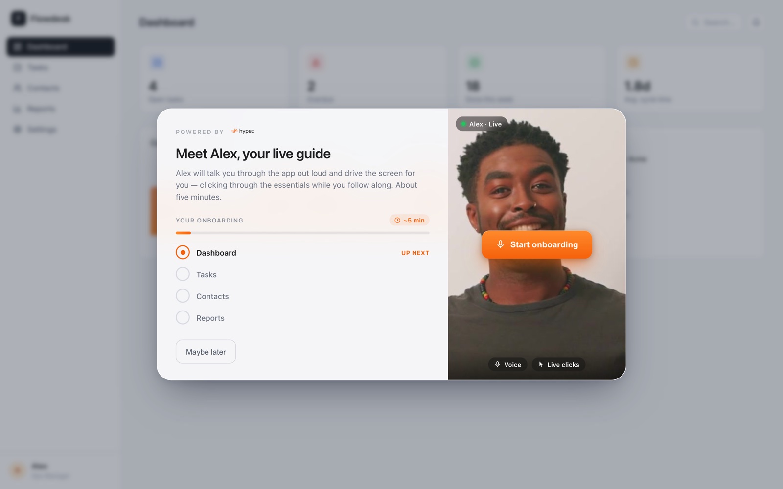 Hyper's AI Onboarding Agent greeting a new user inside a SaaS app: live video guide, onboarding checklist, and voice + live clicks controls